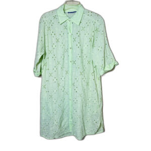Amita Naithani Womens Cotton Eyelet Detail Button Up Shirt Dress Green Size M